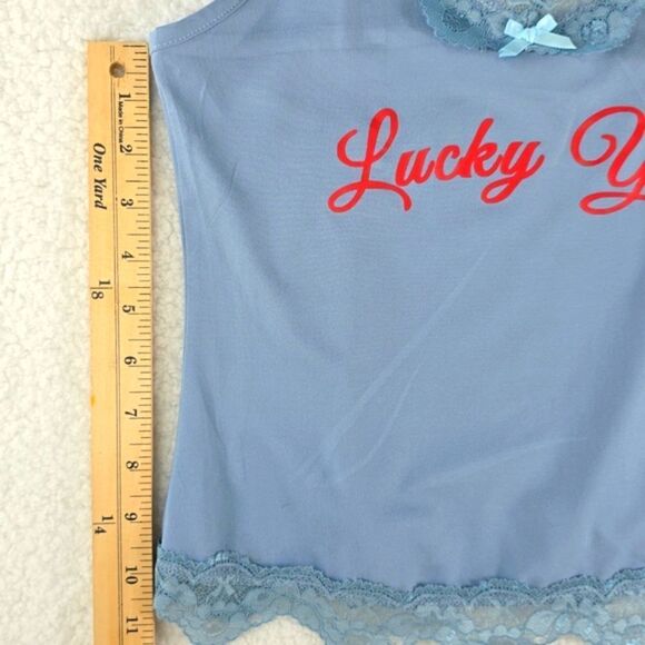 Virghoes Powder Blue Lacy Cami with red text printed Lucky You - Picture 8 of 13